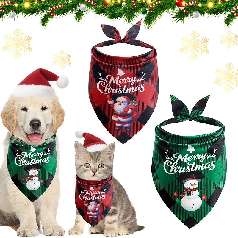 Two plaid Christmas dog bandanas with Santa and snowman designs