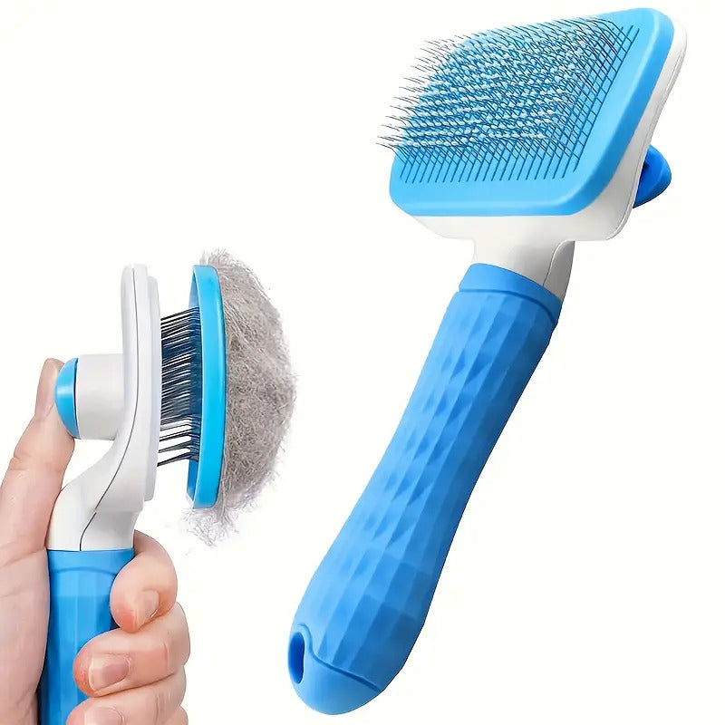 Blue self-cleaning pet grooming brush with curved bristles and release button