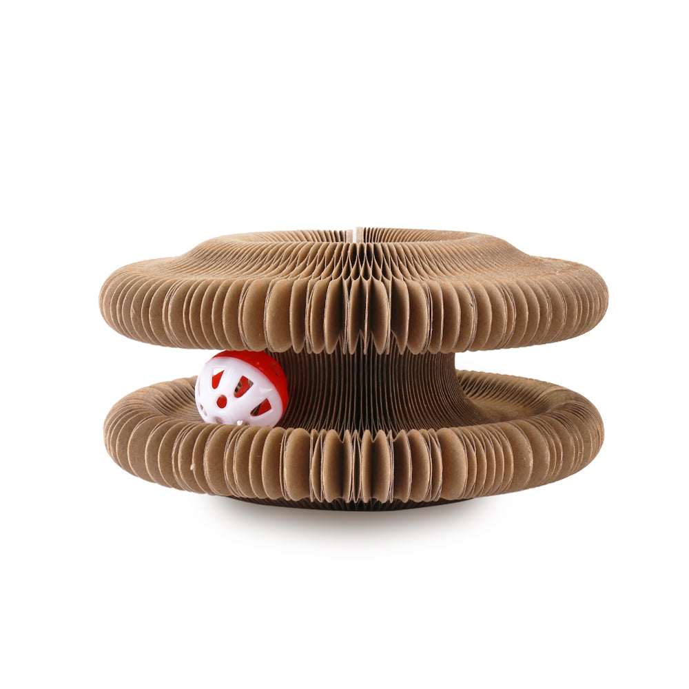 Khaki foldable accordion cat scratcher with a bell toy