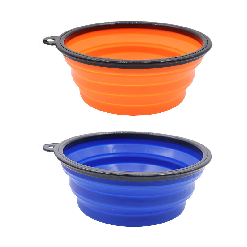 Collapsible silicone pet travel bowl with a hard rim
