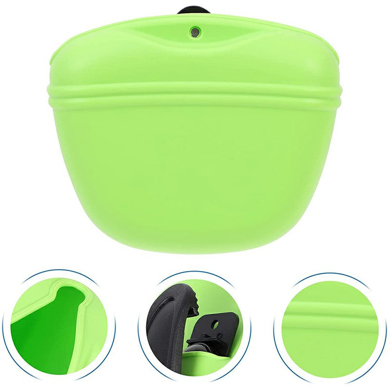 Green silicone dog treat pouch with magnetic opening and belt clip