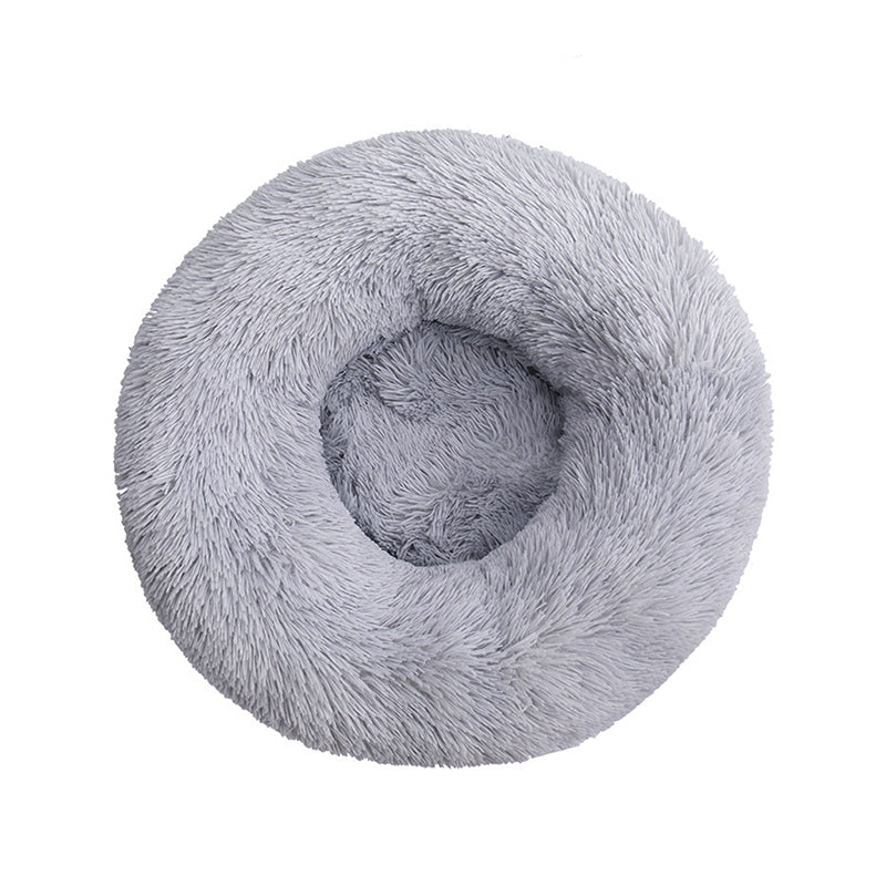 Light grey 80 cm round donut pet bed with plush faux fur and raised rim