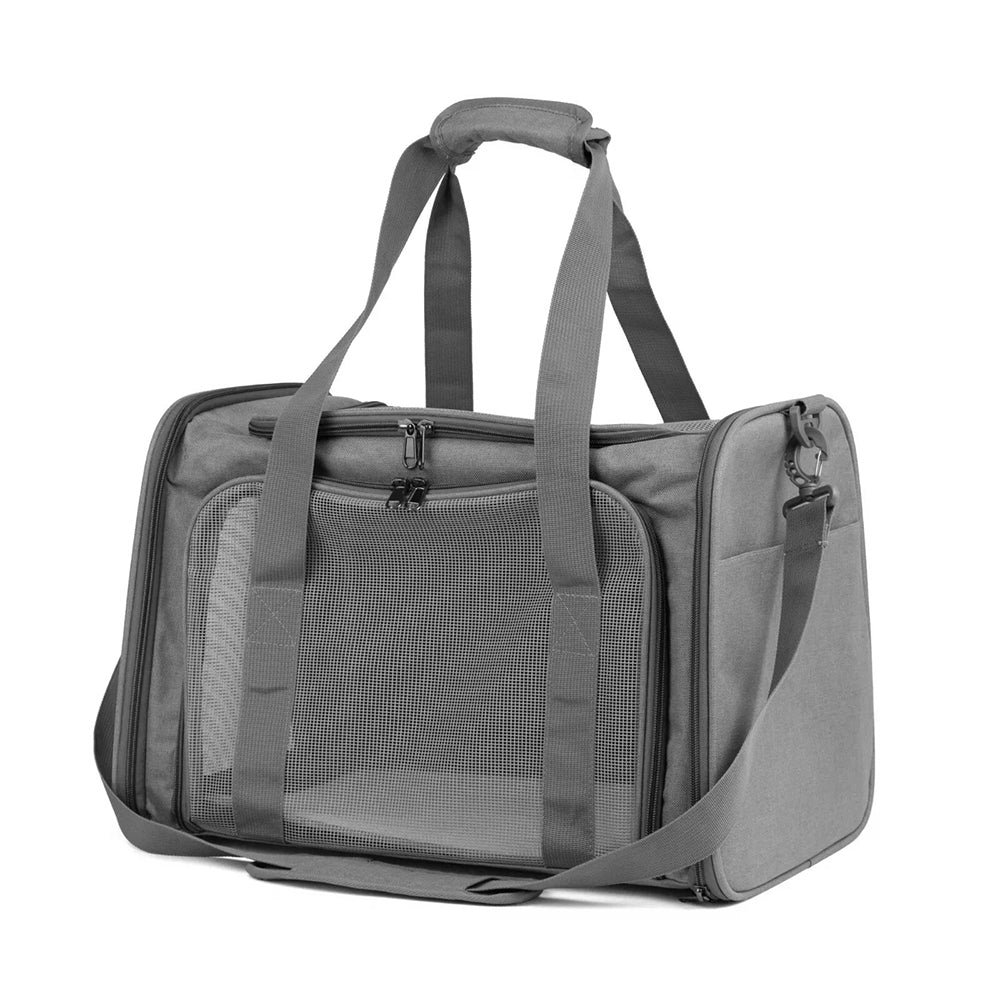 Grey foldable soft pet carrier with mesh panels and shoulder strap