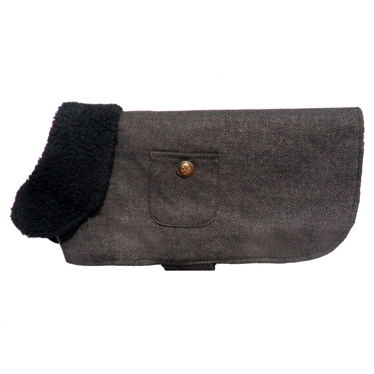 Brown herringbone dog coat with fleece collar and button pocket
