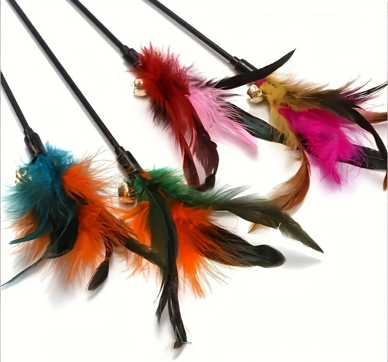 Four cat feather stick toys with bells in mixed colours