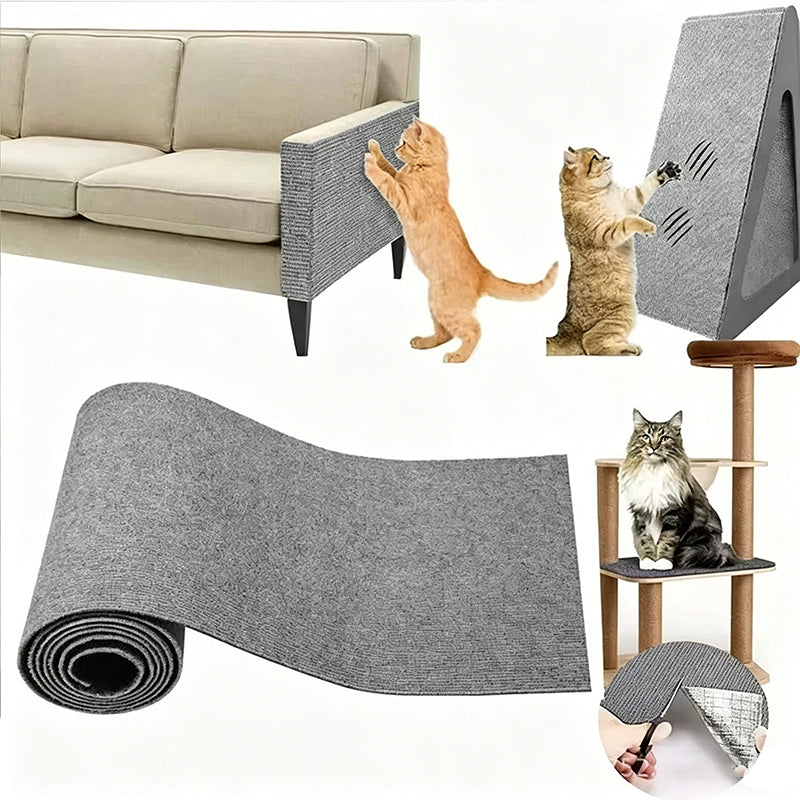 Grey self-adhesive cat scratch mat rolled out beside a sofa and cat tree