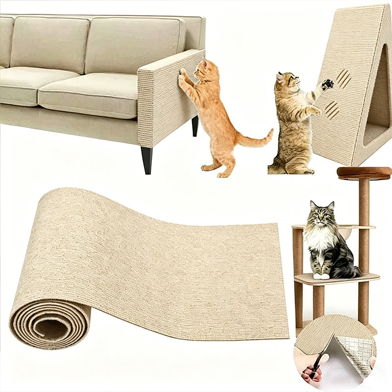 Khaki self-adhesive cat scratch mat rolled out beside a sofa and cat tree