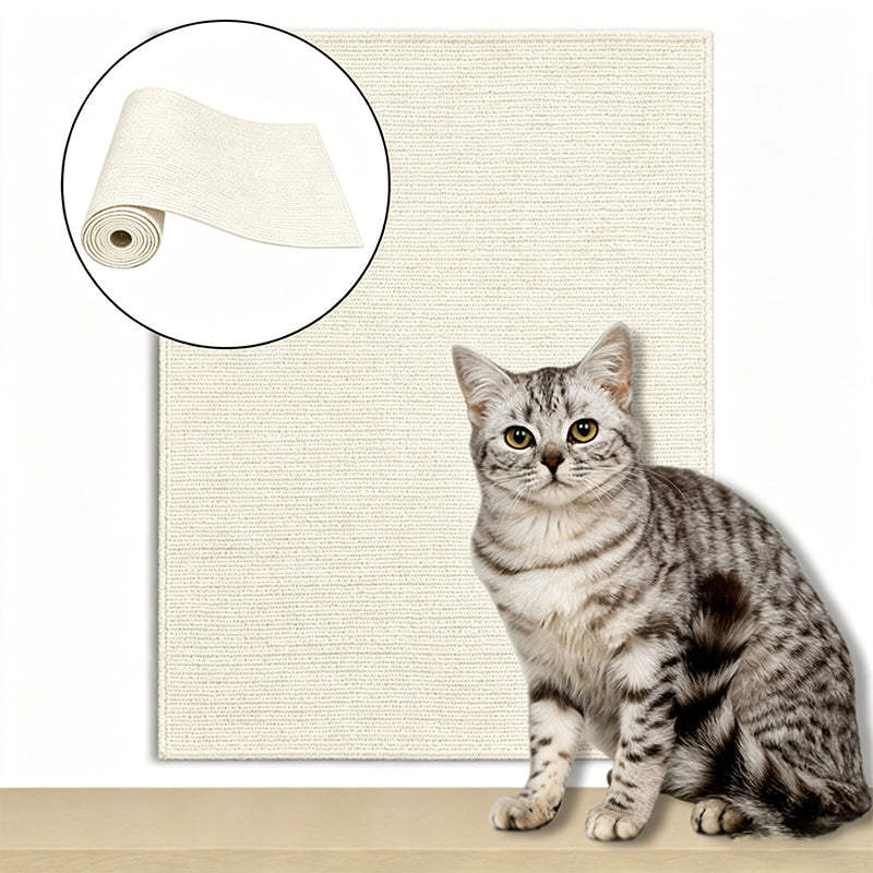 Tabby cat sitting in front of the khaki cat scratch mat