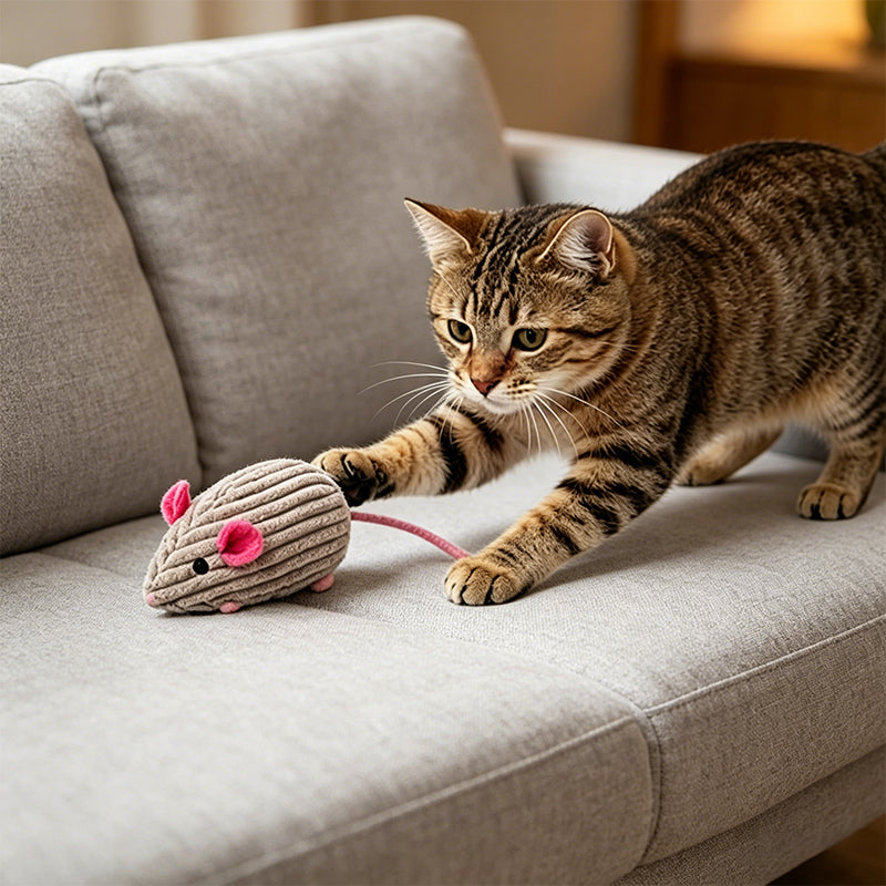 Tabby cat pouncing on a grey corduroy mouse toy