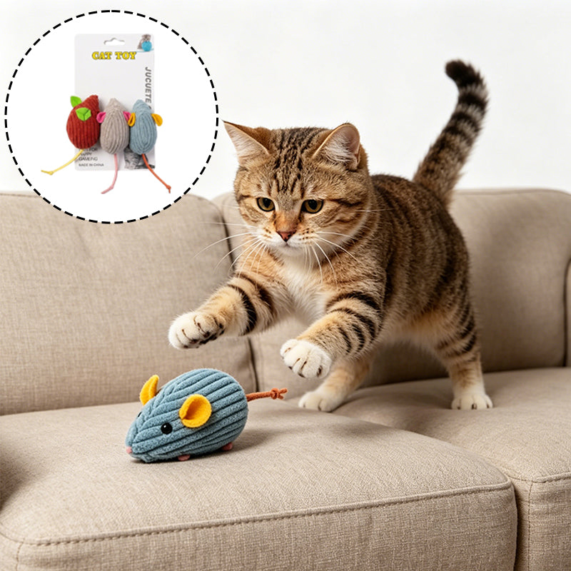 Cat leaping towards a blue corduroy mouse toy, with the set of three shown