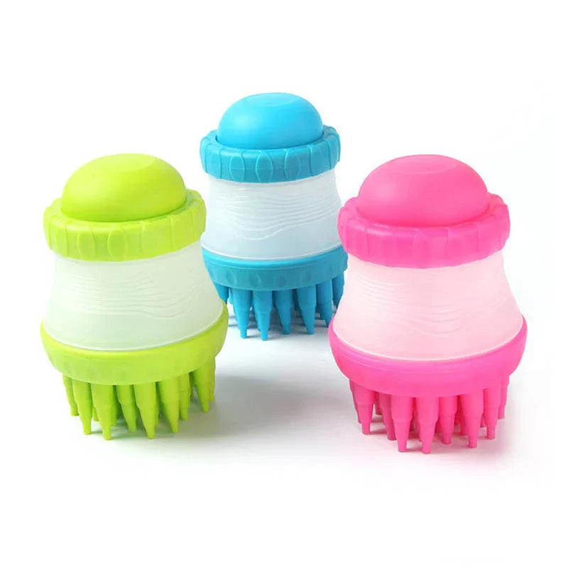 Dog bath brushes with shampoo dispenser in green, blue and pink
