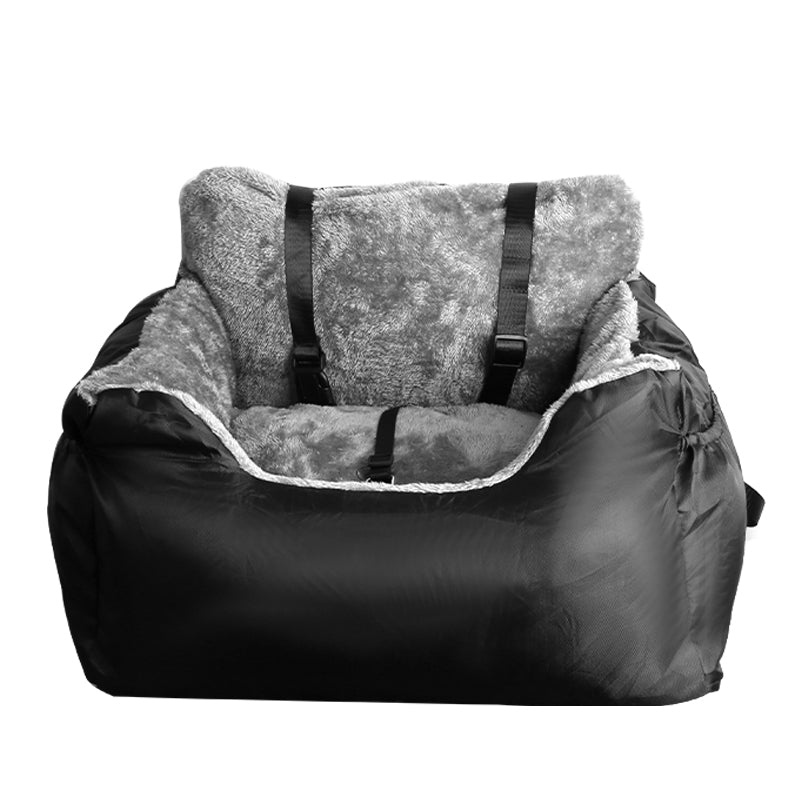 Black plush dog car booster seat with grey fleece lining