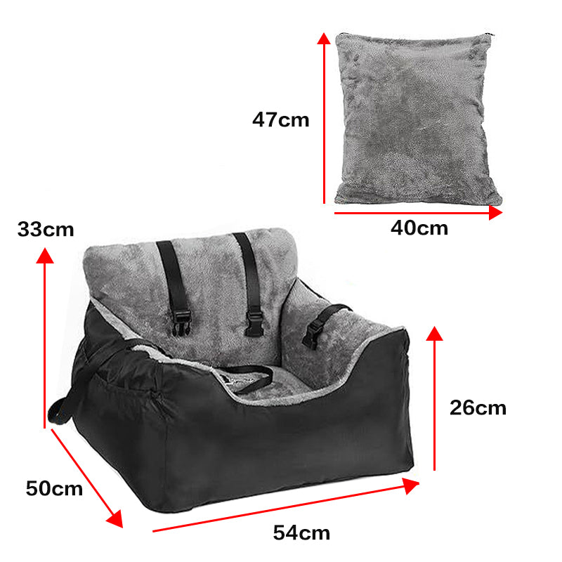 Dog car booster seat dimensions, 54 x 50 x 33 cm, with 47 x 40 cm cushion