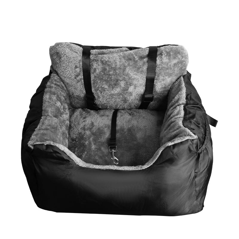 Front view of the black dog car booster seat with tether lead