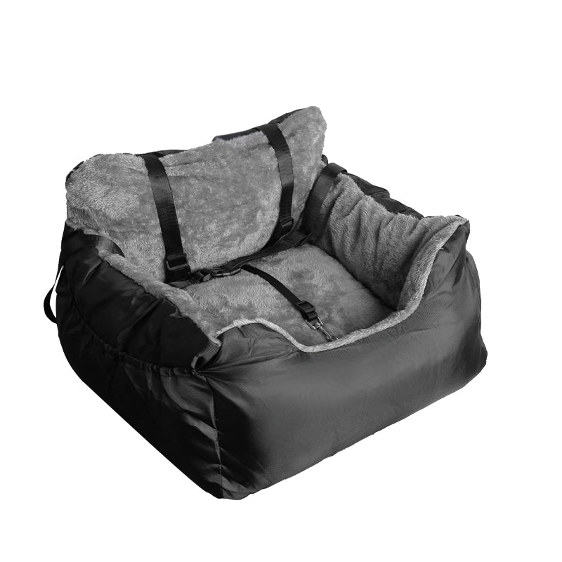Side view of the plush dog car booster seat and its straps