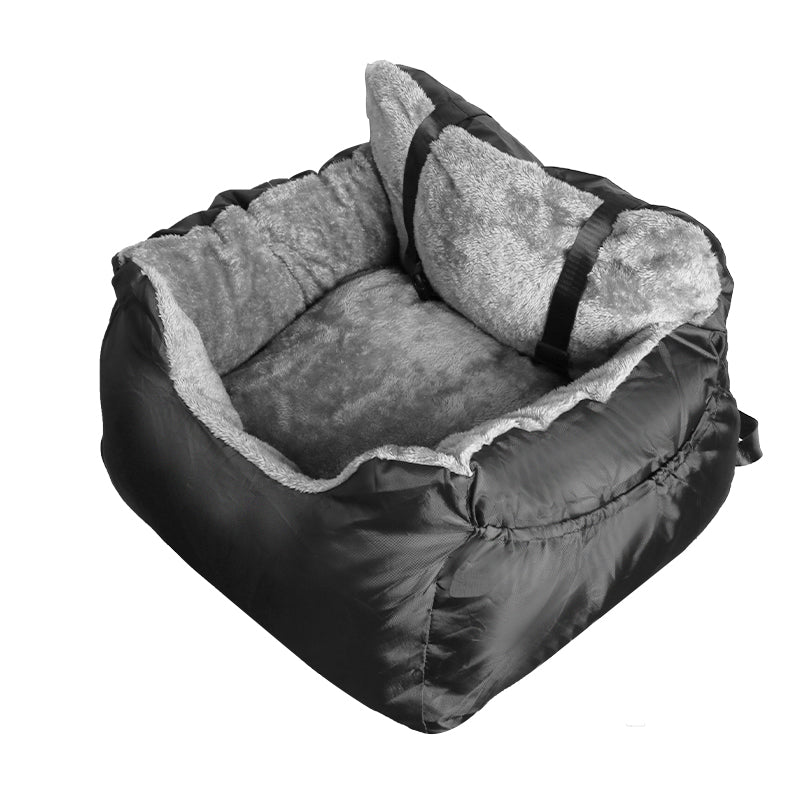 Top view of the plush dog car booster seat showing the cushion