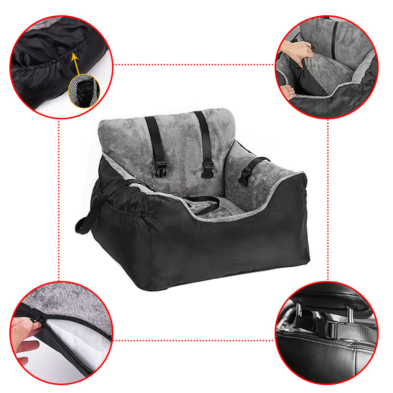 Close-up details of the dog car booster seat pocket, lining and straps