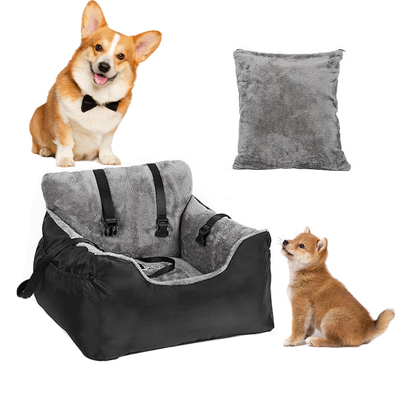 Dog car booster seat shown with its plush cushion