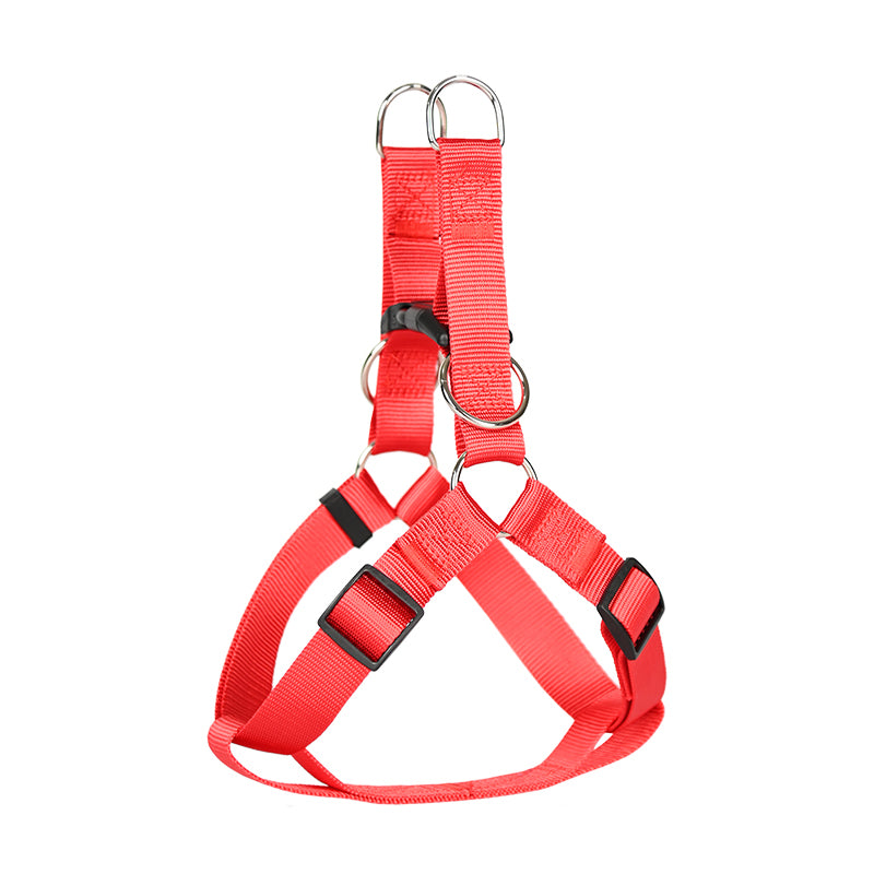 Red nylon dog harness laid flat