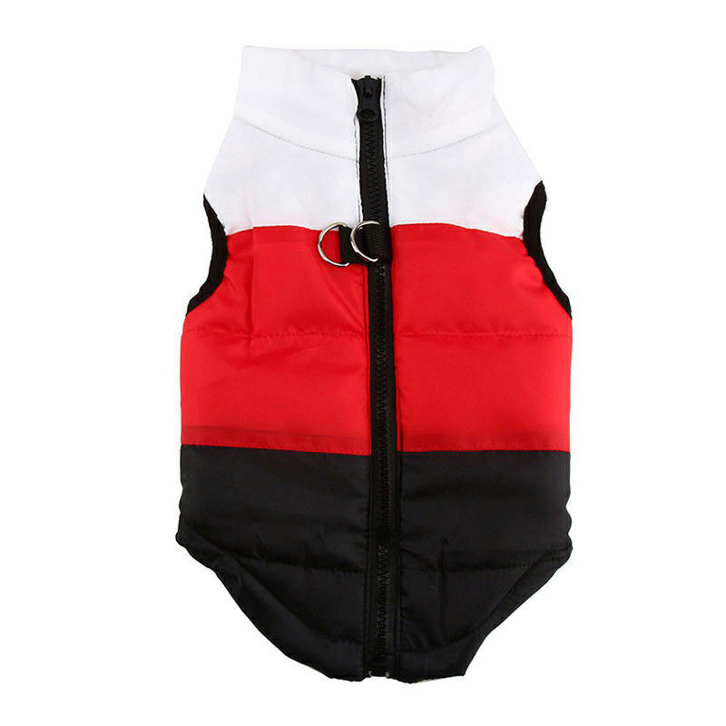 Red, white and black padded dog winter coat, size XS