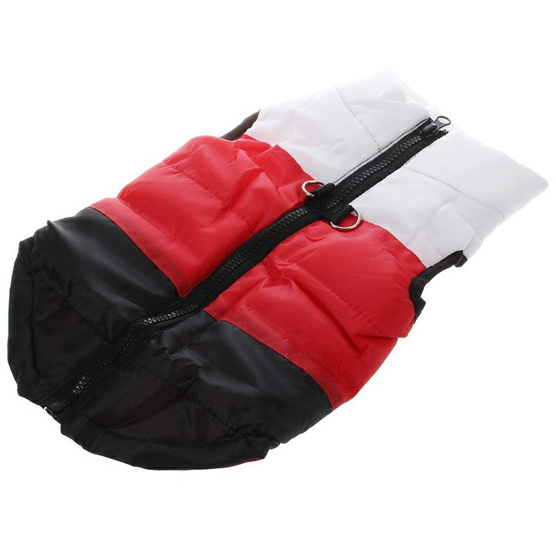 Side view of the padded dog winter coat showing the zip