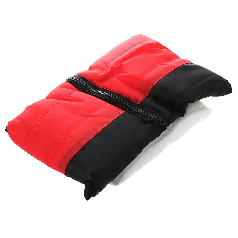 Red and black padded dog winter coat folded