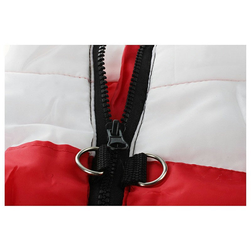 Close-up of the zip and lead ring on the padded dog coat