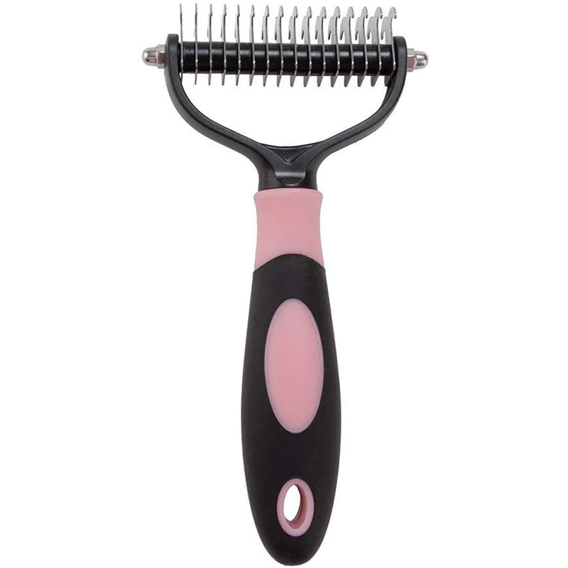 Pink double-sided pet grooming rake with stainless steel teeth