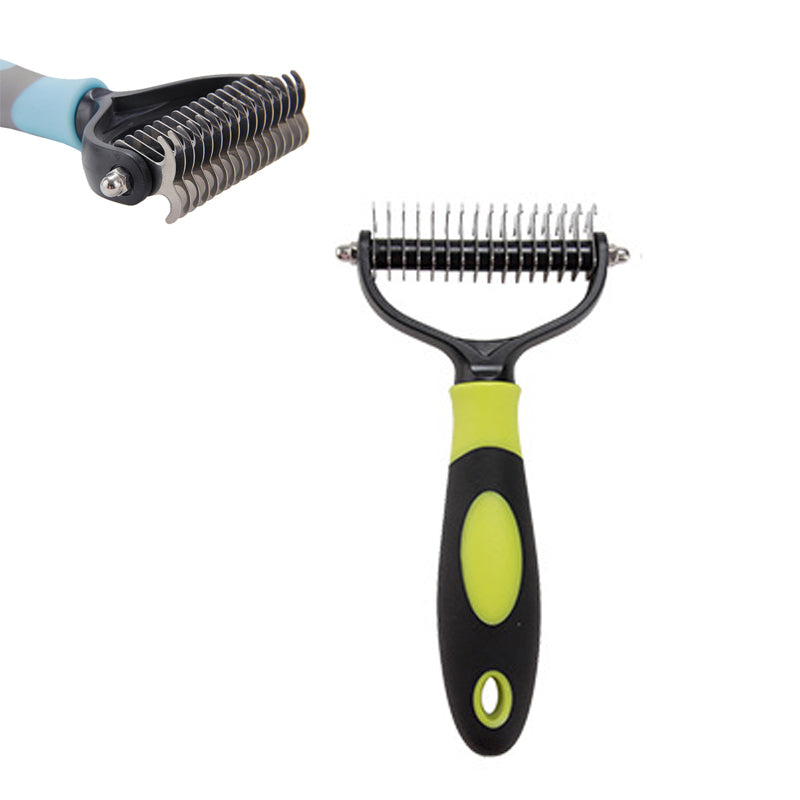 Yellow double-sided pet grooming rake with stainless steel teeth