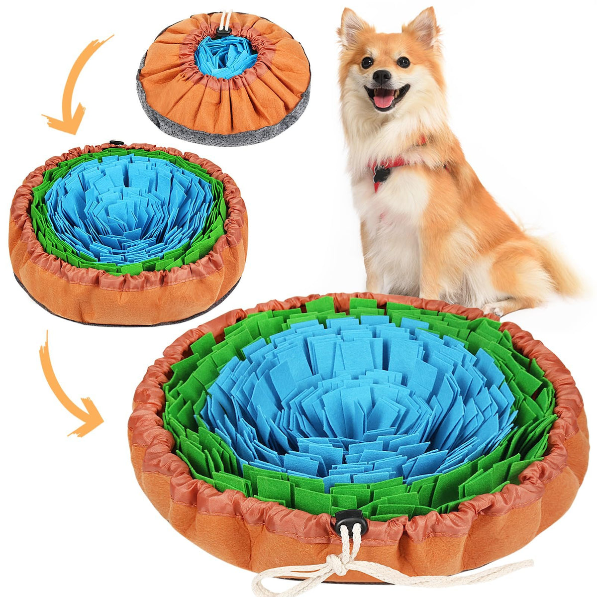 Colourful dog snuffle mat with a small dog