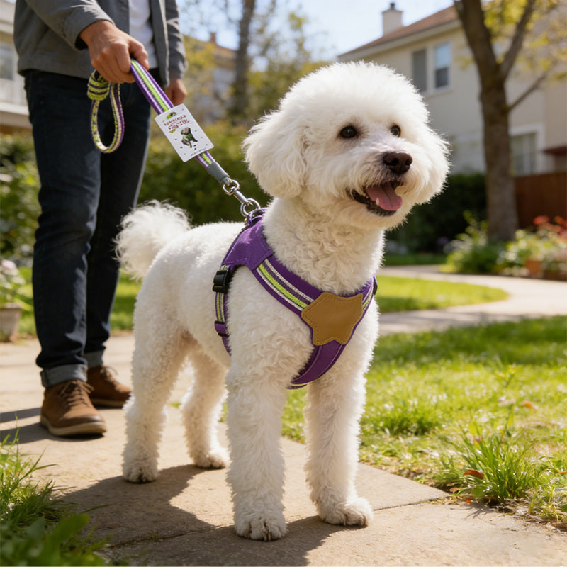 Small white dog wearing the step-in harness with matching lead