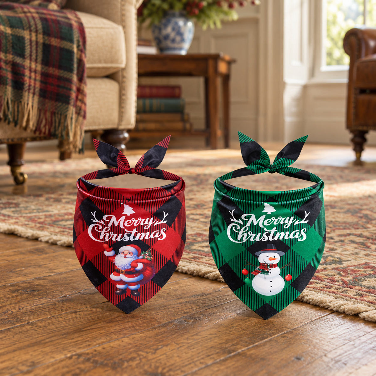 Two plaid Christmas dog bandanas with Santa and snowman designs - styled in a country-house interior