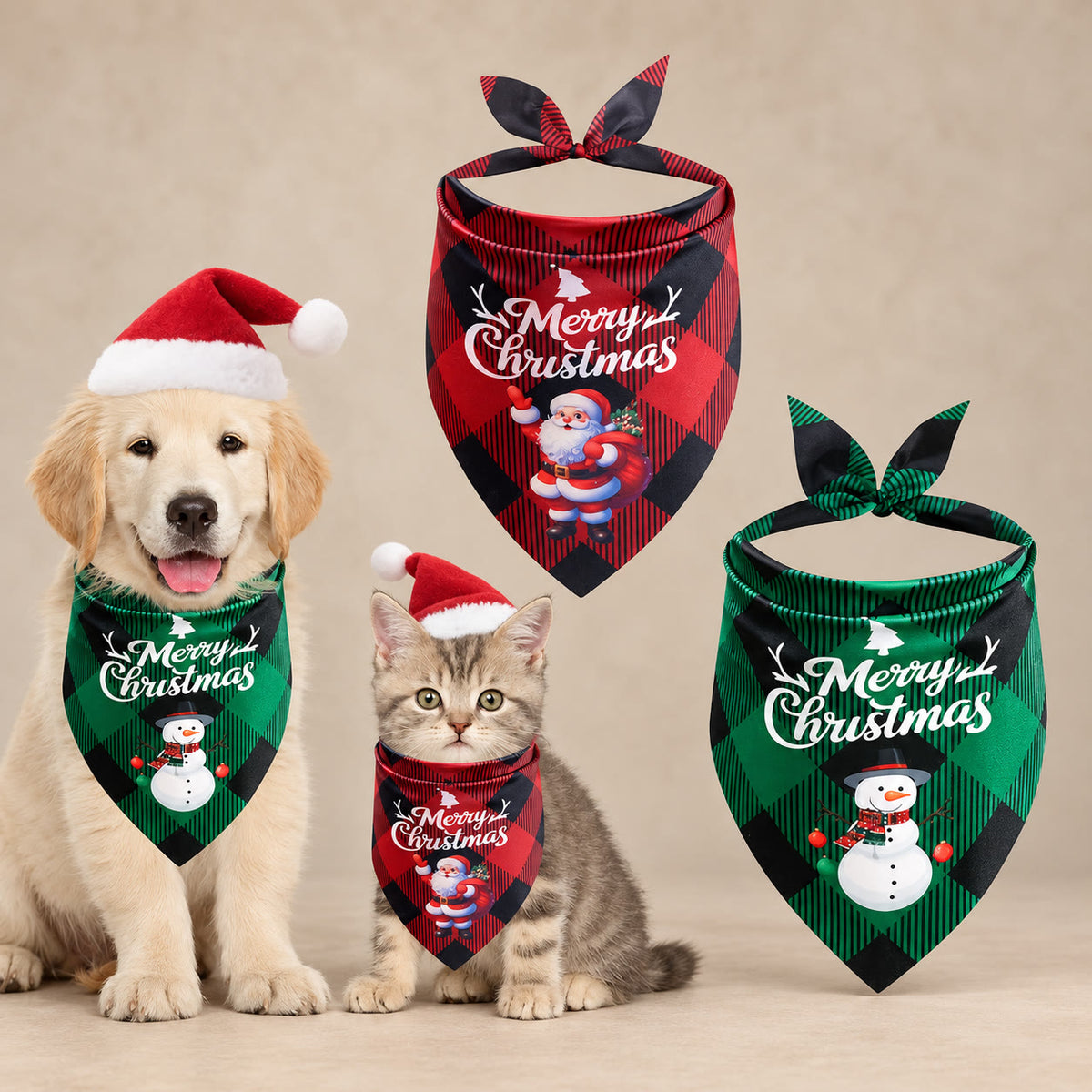 Two plaid Christmas dog bandanas with Santa and snowman designs - studio photograph on a warm neutral backdrop