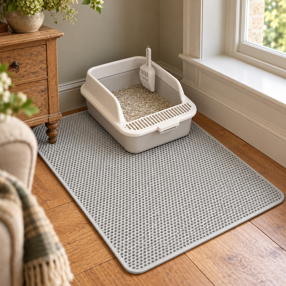 Grey double-layer cat litter mat with honeycomb top - styled in a country-house interior