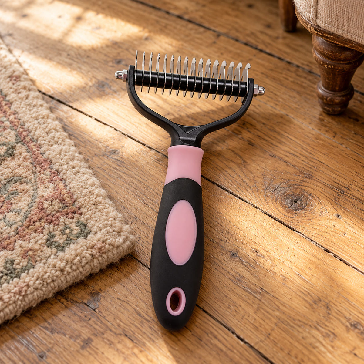 Pink double-sided pet grooming rake with stainless steel teeth - styled in a country-house interior