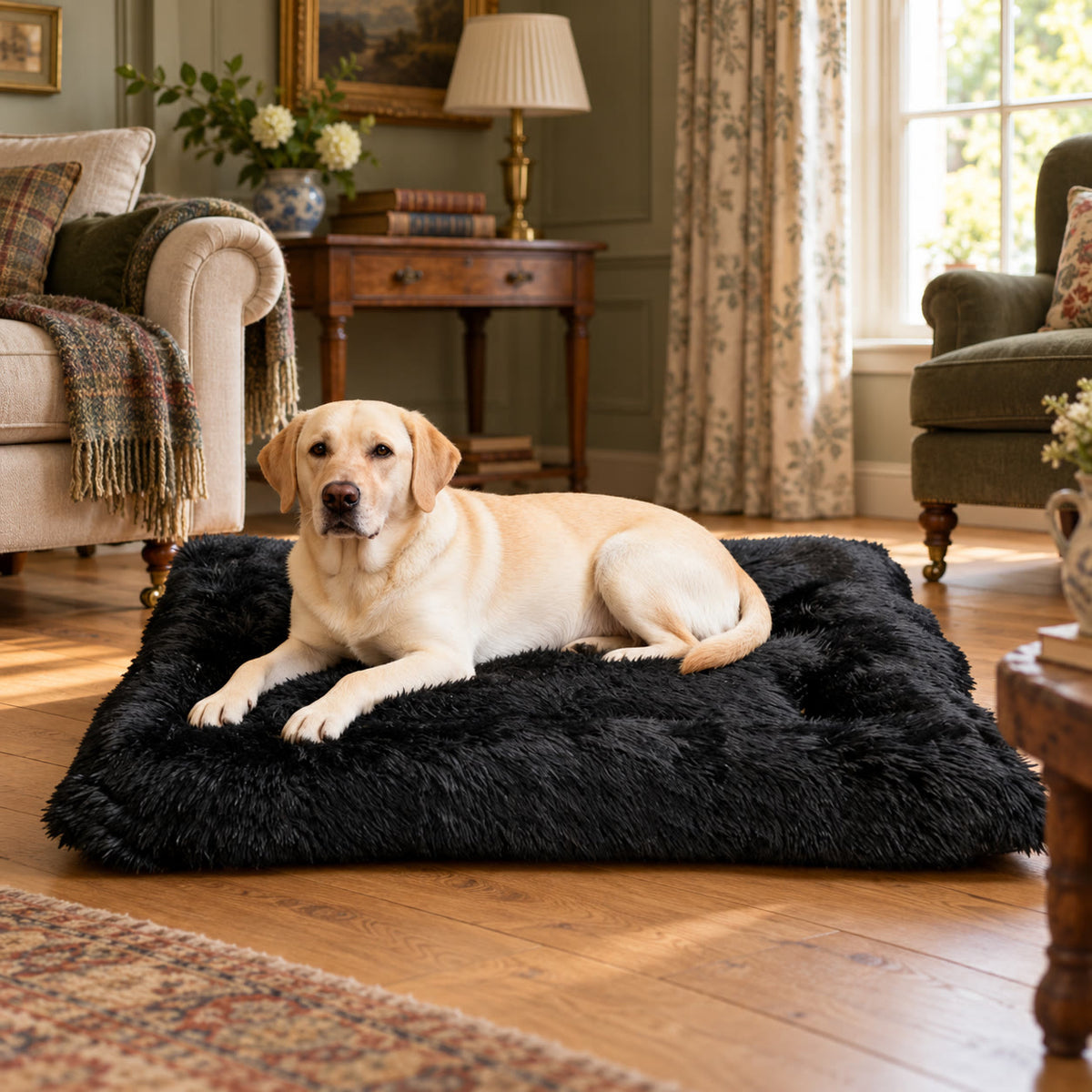 XXL flat plush pet bed mattress, about 86 x 70 cm - styled in a country-house interior