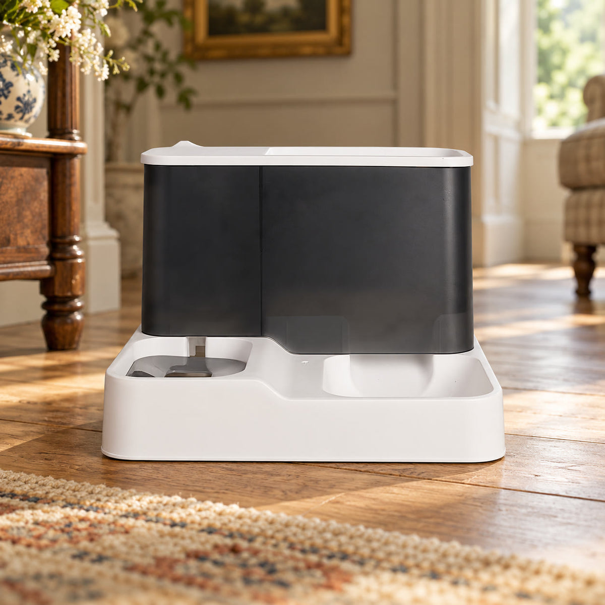 Gravity pet feeder with food hopper and water bottle - styled in a country-house interior