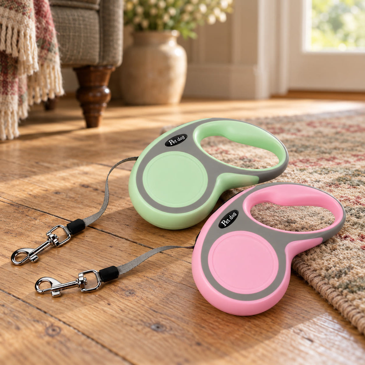 5 m retractable dog leads with anti-slip handle - styled in a country-house interior