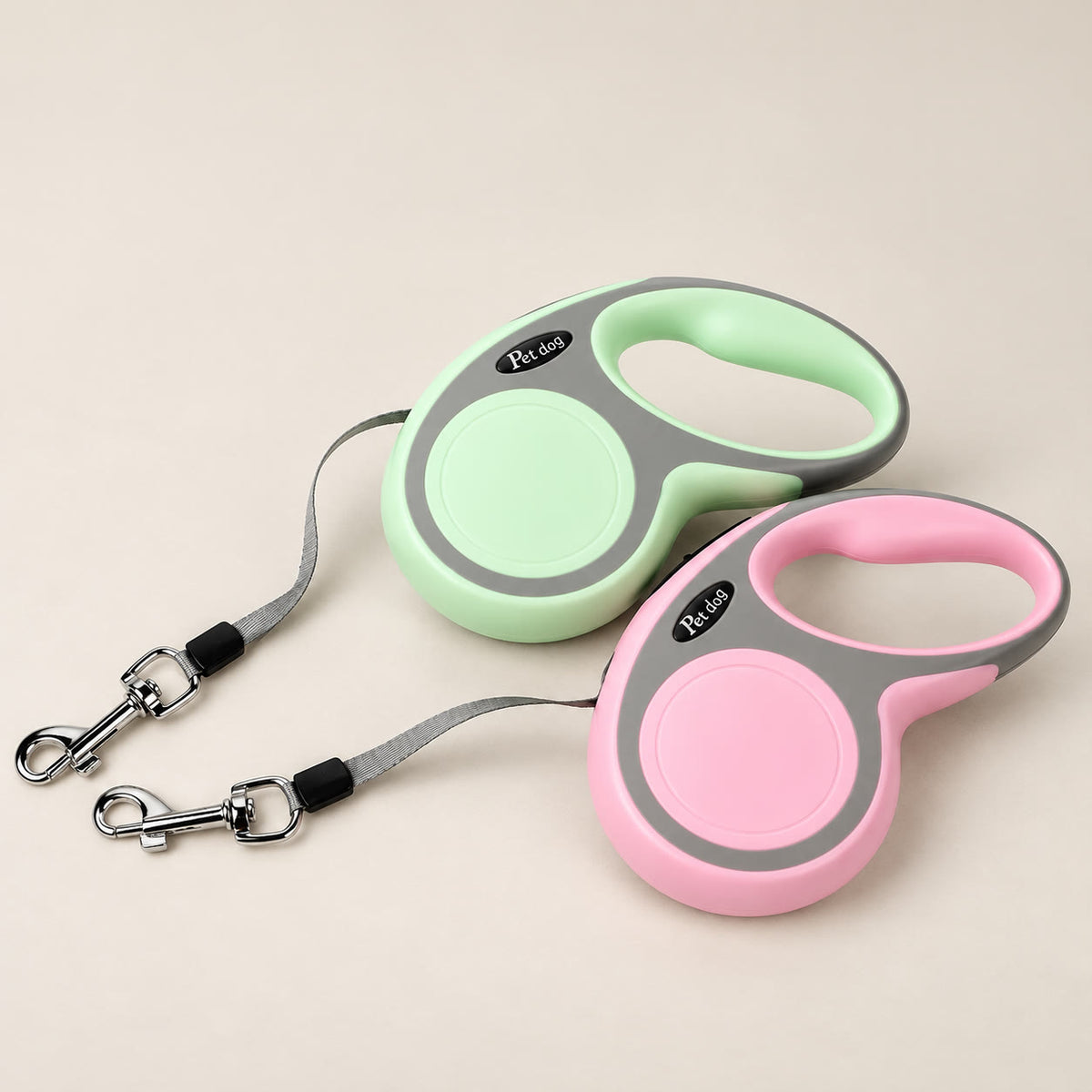 5 m retractable dog leads with anti-slip handle - studio photograph on a warm neutral backdrop