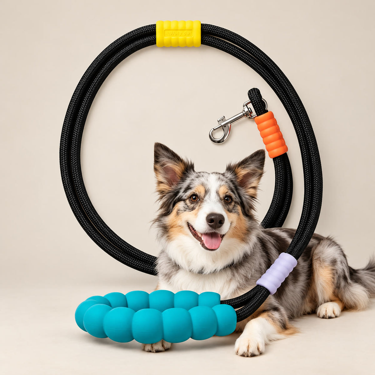 127 cm rope dog lead with padded handle and metal clip - studio photograph on a warm neutral backdrop