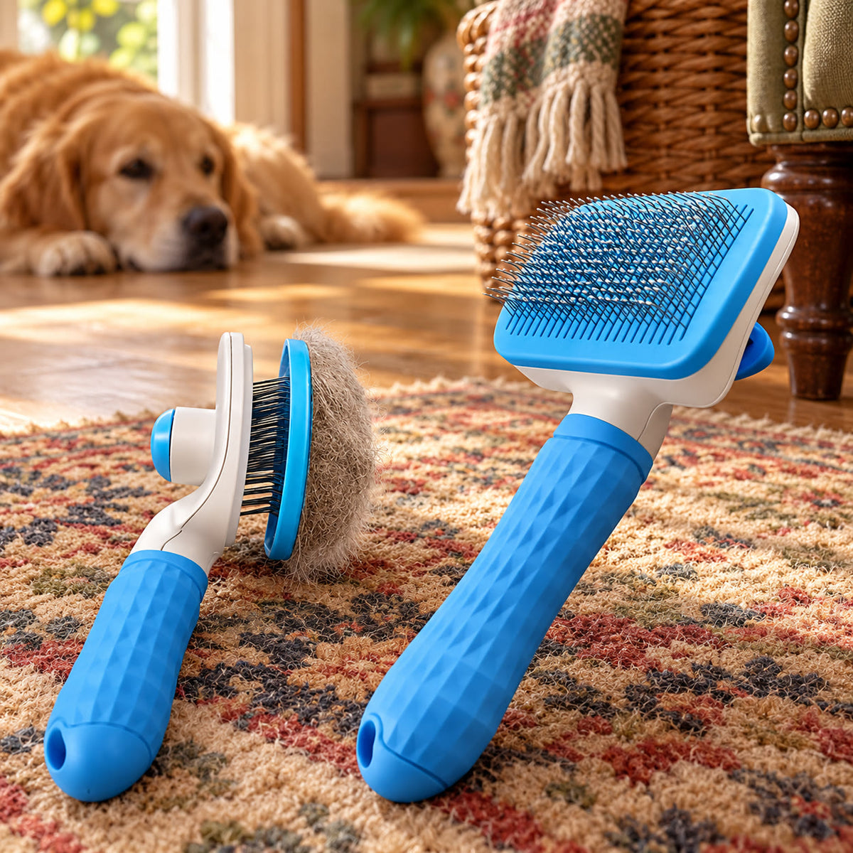 Blue self-cleaning pet grooming brush - styled in a country-house interior