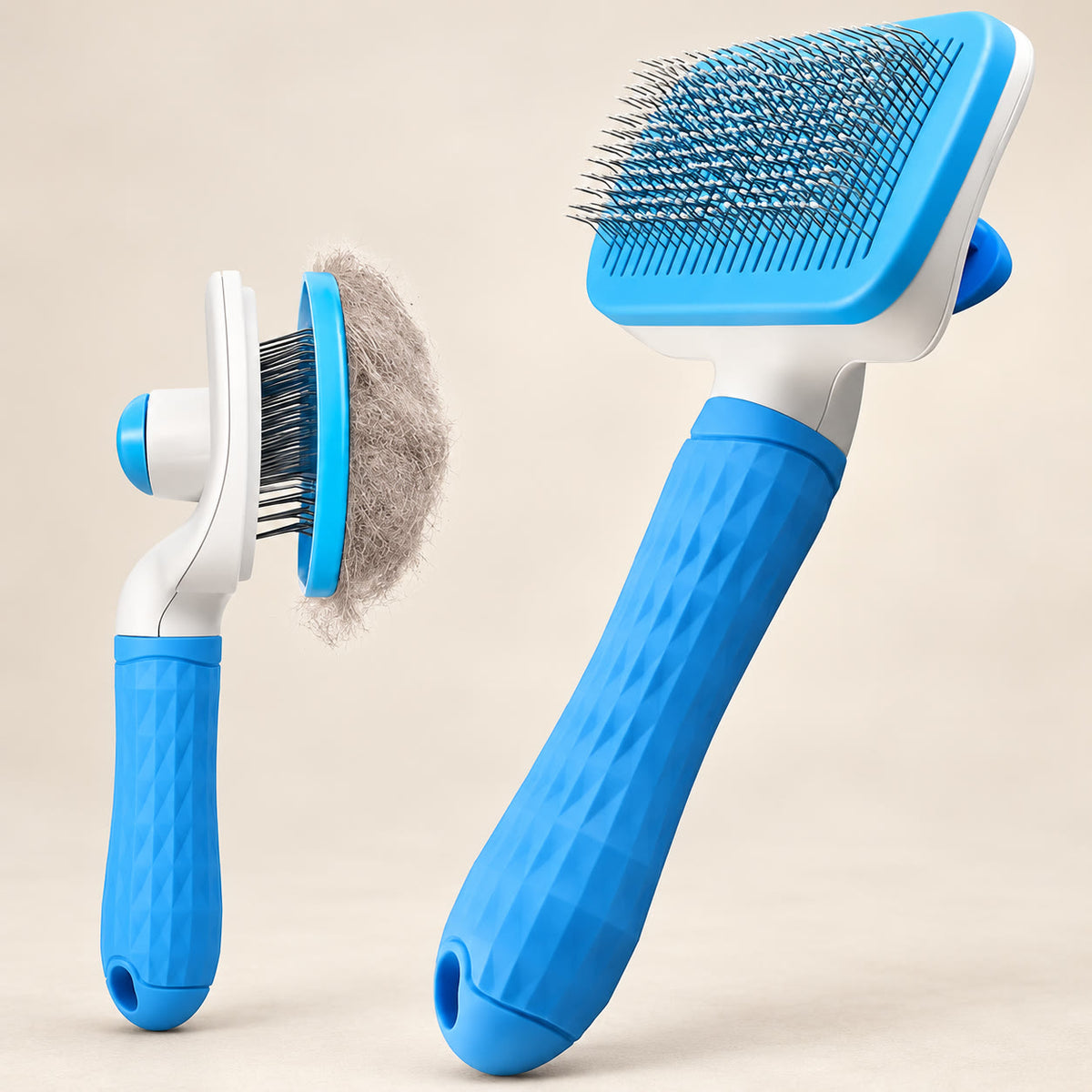 Blue self-cleaning pet grooming brush - studio photograph on a warm neutral backdrop