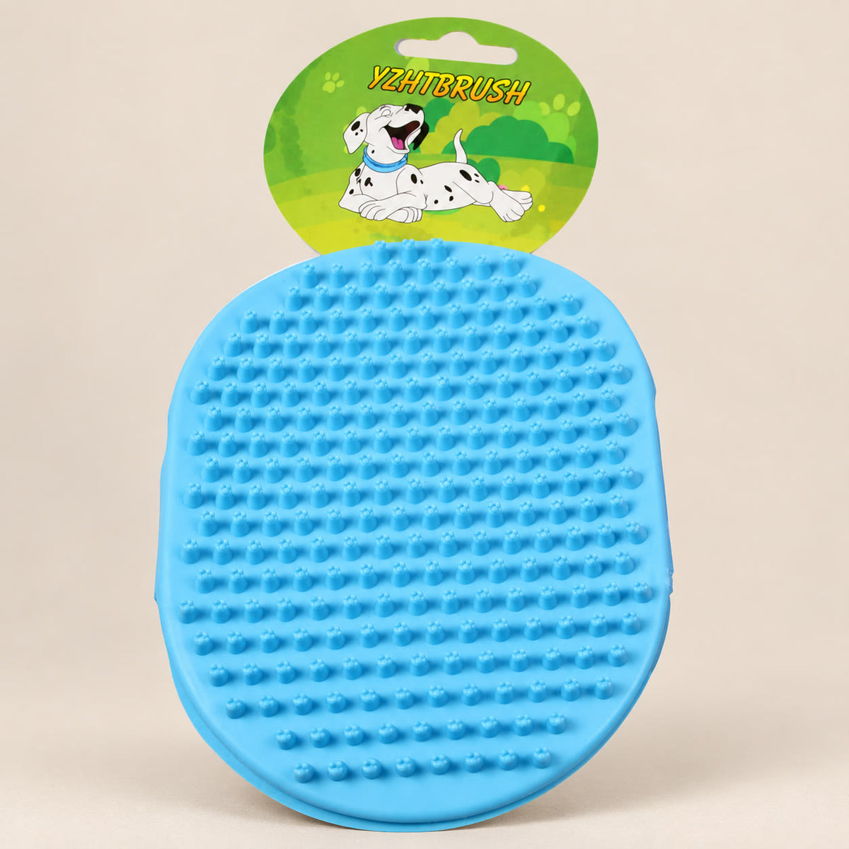 Double-sided silicone dog grooming pad, about 15 cm - studio photograph on a warm neutral backdrop
