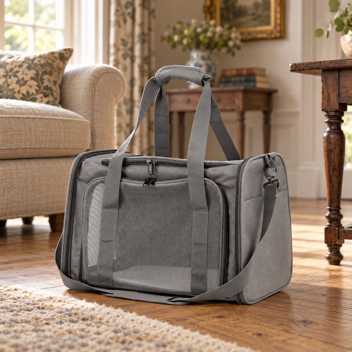 Grey soft pet carrier with mesh panels and shoulder strap - styled in a country-house interior