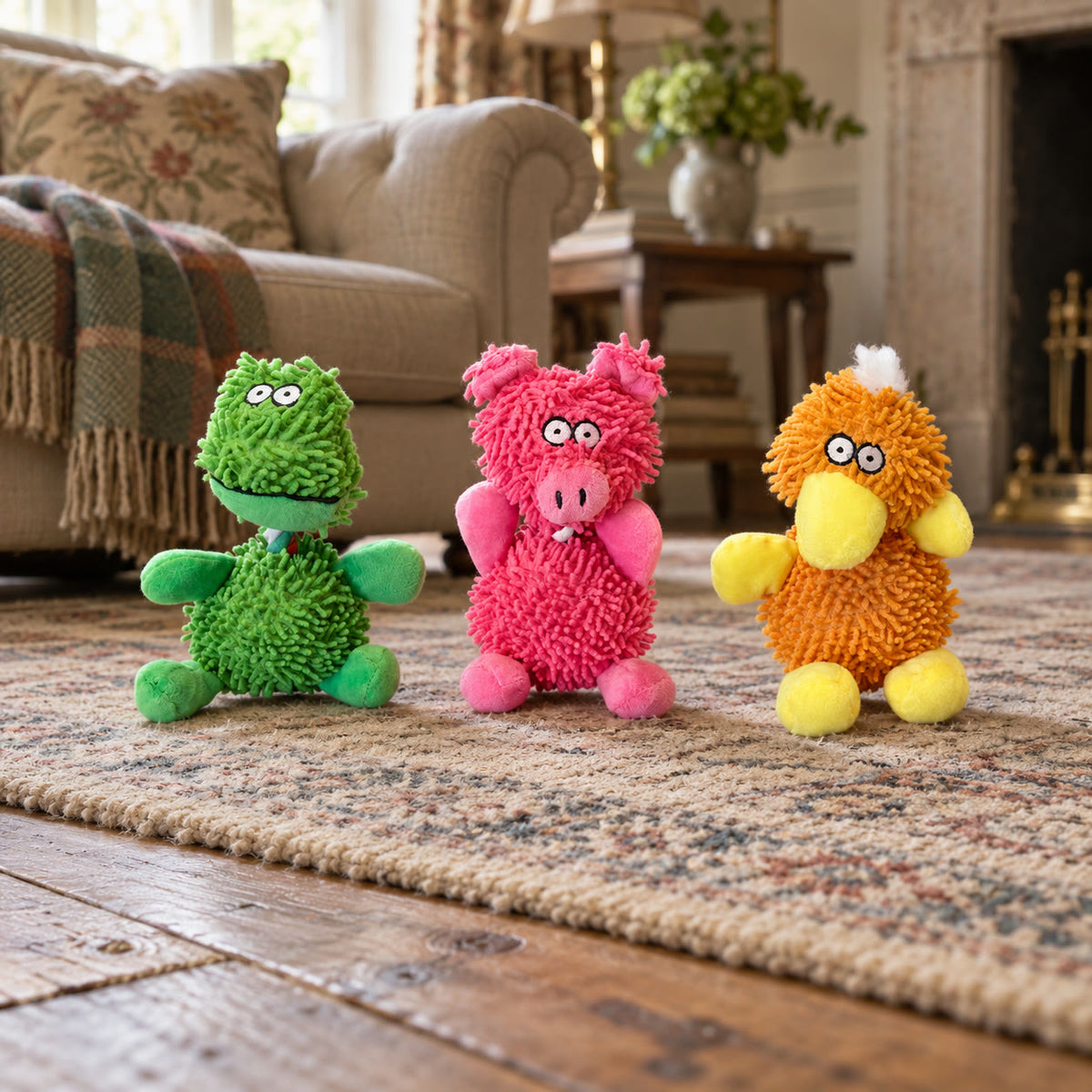 Soft squeaky animal dog toys, about 20 cm - styled in a country-house interior