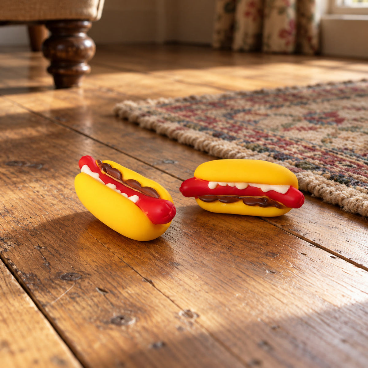 Small squeaky sausage-shaped dog toys - styled in a country-house interior