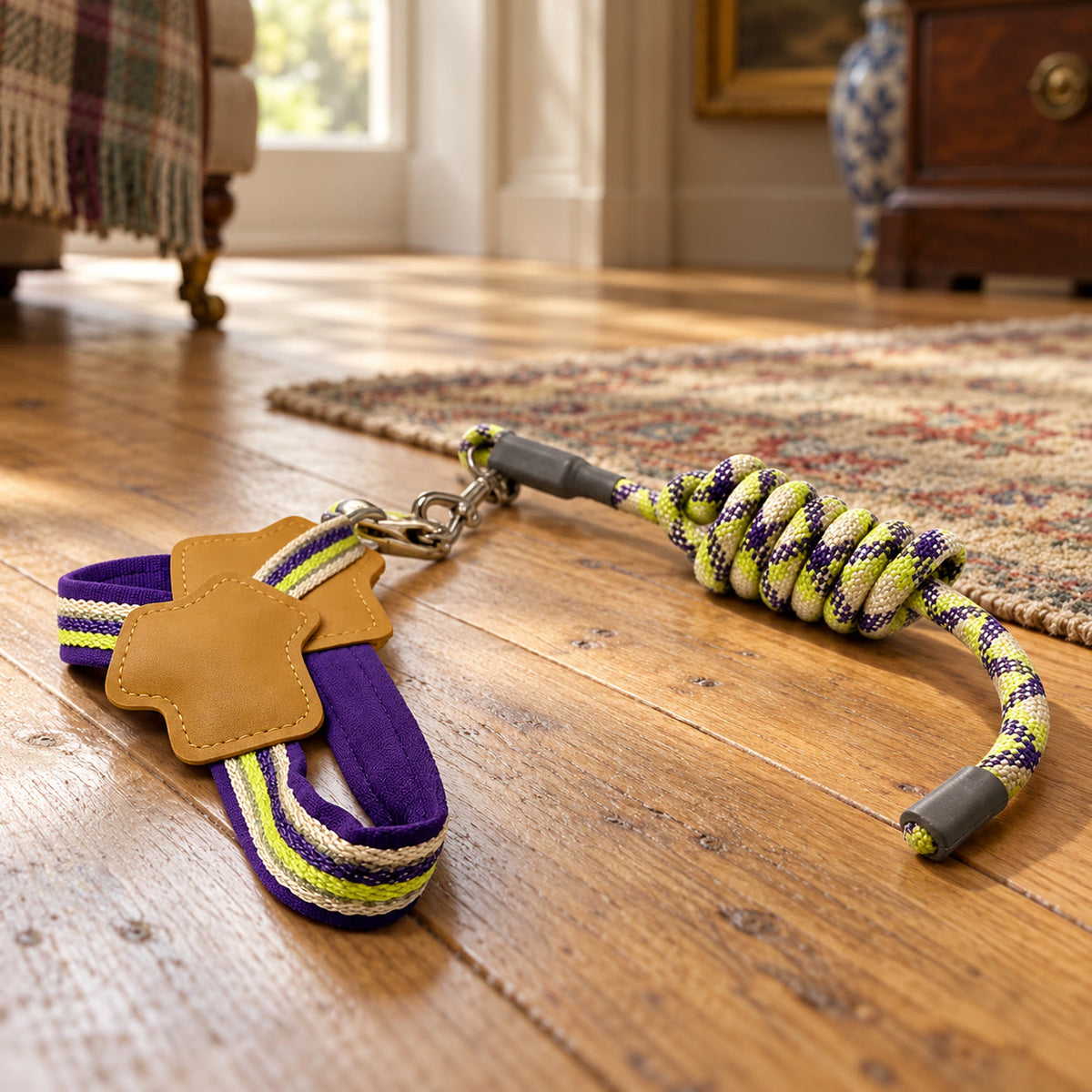 Step-in dog harness and rope lead set - styled in a country-house interior