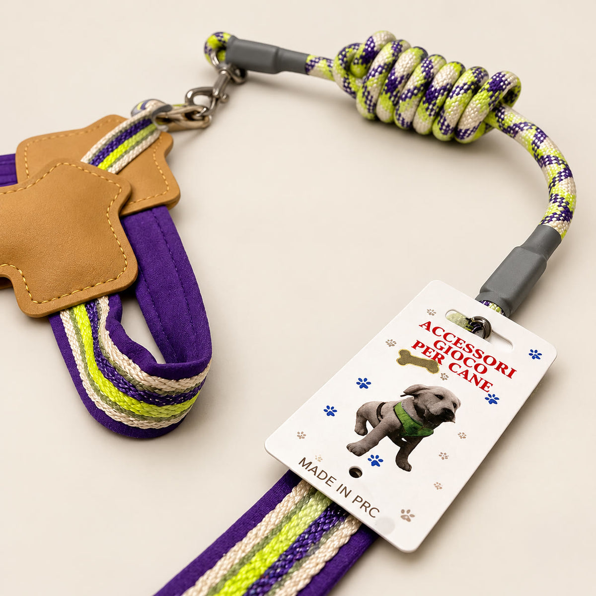 Step-in dog harness and rope lead set - studio photograph on a warm neutral backdrop