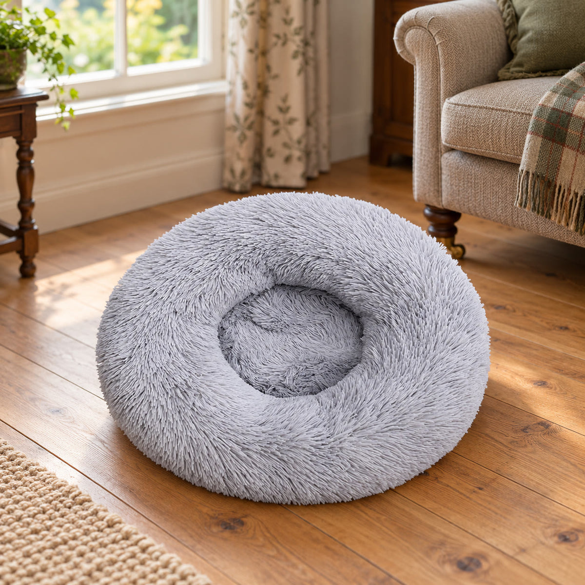 Light grey 80 cm round donut pet bed with plush faux fur - styled in a country-house interior