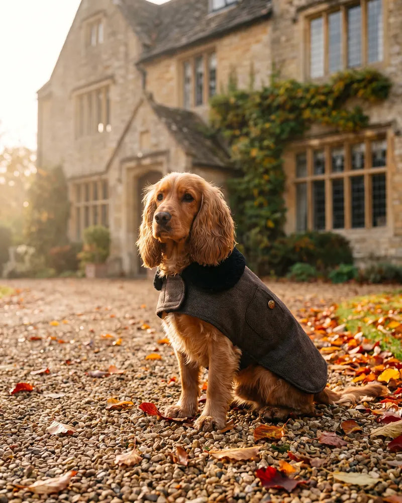 Fleece-Lined Herringbone Dog Coat – Brown Tweed-Style Winter Jacket — styled photograph